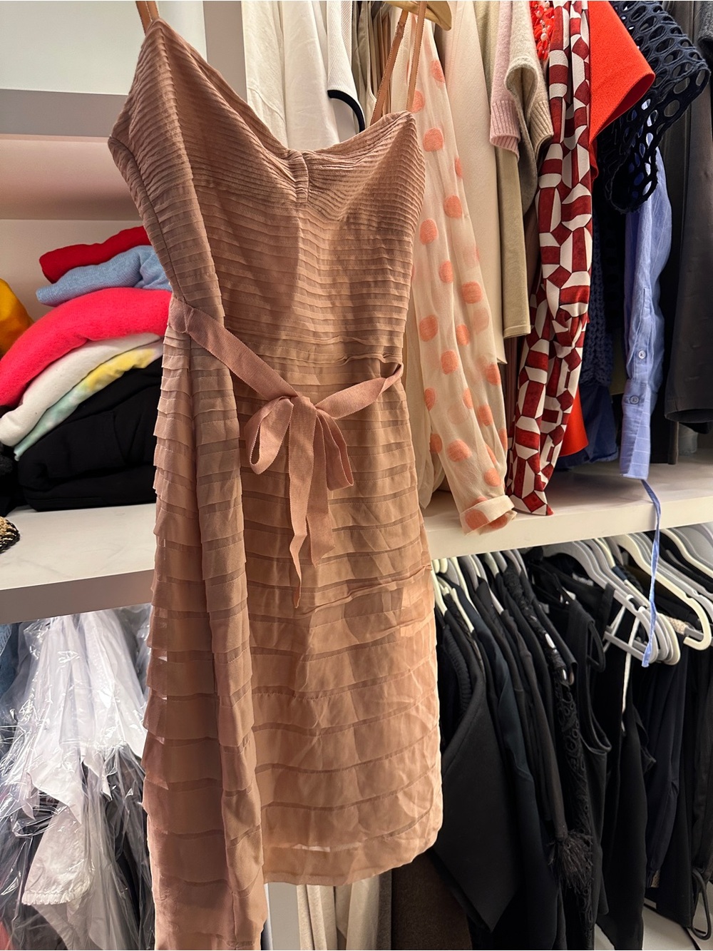 BCBGMaxAzria Dusty Rose Tiered Spaghetti-Strap Dress with Waist Tie - Picture 3 of 4